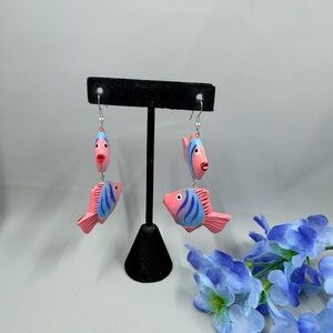 Handcrafted Pink & Blue Fish Painted Wood Vintage Dangle Earrings, Cute Nautical